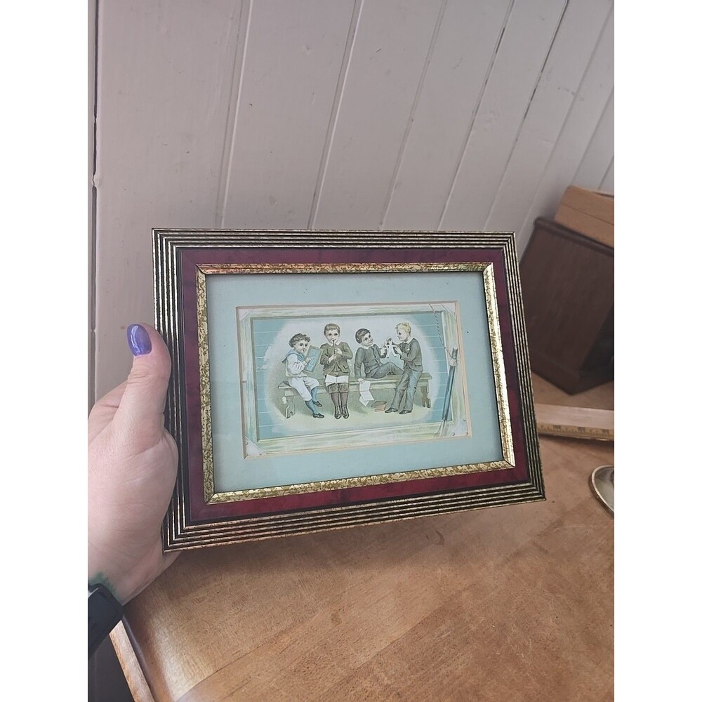 Vintage Playing Boys Trading Card From 1890's In Red & Gold Frame Man Cave Den
